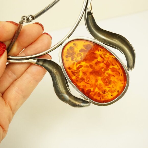 Giant Amber Link Necklace Set In 925 Silver - One-Of-A-Kind Artisan Jewelry - Picture 11 of 14